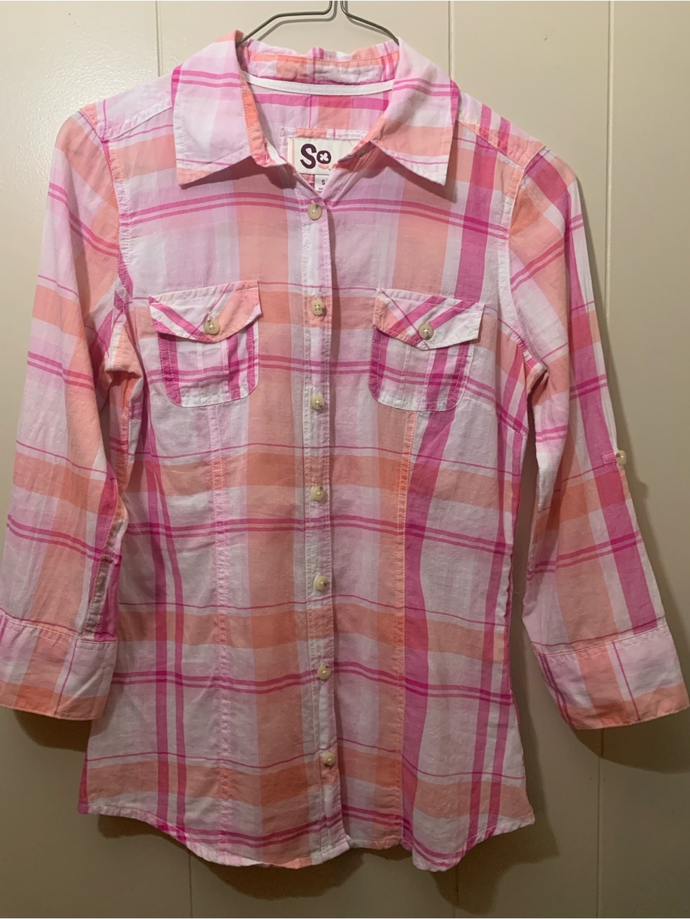 Juniors Small SO Pink & Peach Plaid Button-Down Shirt